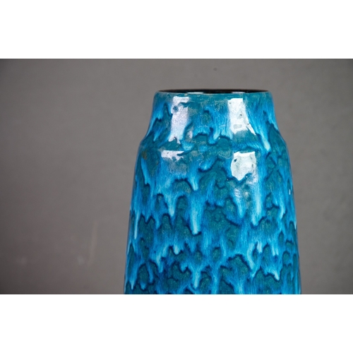 29 - PROBABLY SCHEURICH, WEST GERMAN POTTERY VASE, drizzle glazed in blue, 10” (25.4cm), moulded mark and... 