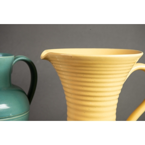 22 - LOVATTS YELLOW GLAZED LARGE JUG, of ribbed form with flared rim, 9 ¾” (24.8cm) high, together with a... 