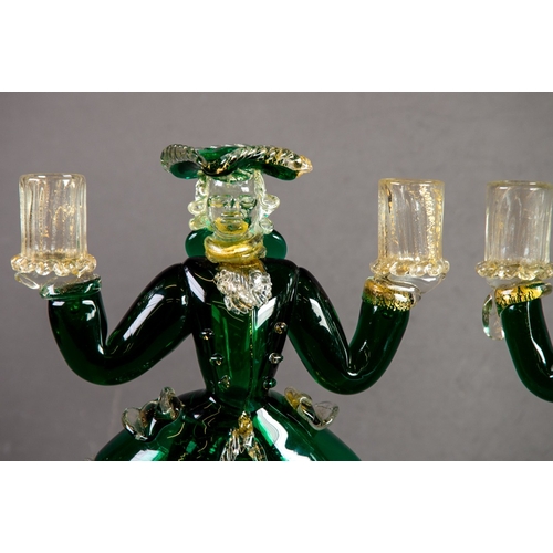 213 - PAIR OF MURANO GREEN AND AVENTURINE GLASS FIGURAL TWIN LIGHT CANDLE HOLDERS, modelled as a lady and ... 