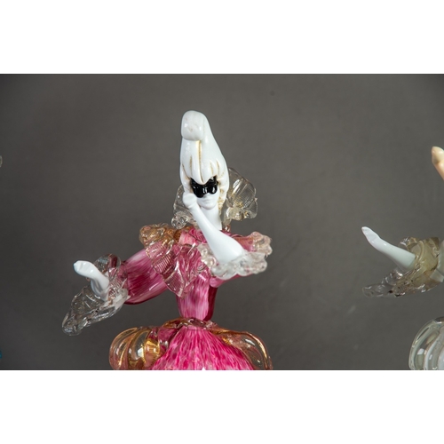 214 - SET OF THREE MURANO COLOURED AND AVENTURINE GLASS MODELS OF DANCING FEMALE FIGURES, each modelled in... 