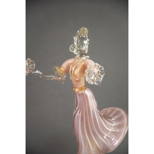 217 - PAIR OF MURANO PINK AND AVENTURINE GLASS MODELS OF DANCERS, each modelled in a stylised pose, on a w... 