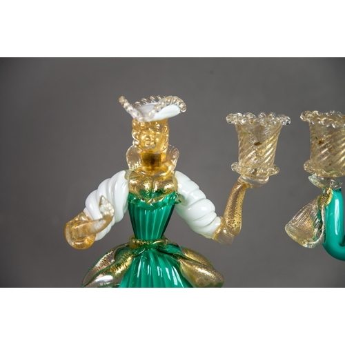 218 - PAIR OF MURANO TURQUOISE, WHITE AND AVENTURINE GLASS FIGURAL CANDLE HOLDERS, modelled as a well dres... 