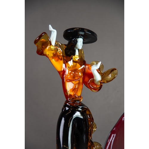 220 - PAIR OF MURANO COLOURED AND AVENTURINE GLASS FIGURES OF SPANISH DANCERS, on domed amber bases, 16” (... 