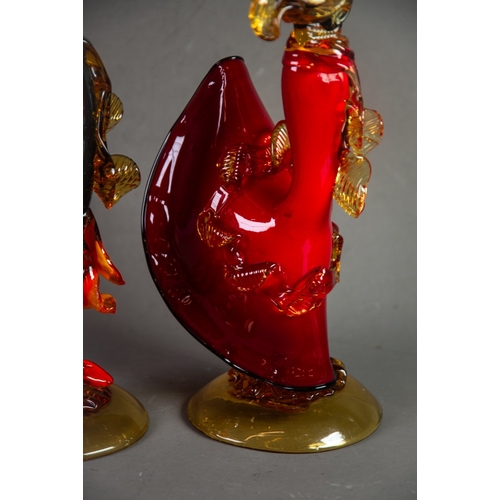 220 - PAIR OF MURANO COLOURED AND AVENTURINE GLASS FIGURES OF SPANISH DANCERS, on domed amber bases, 16” (... 