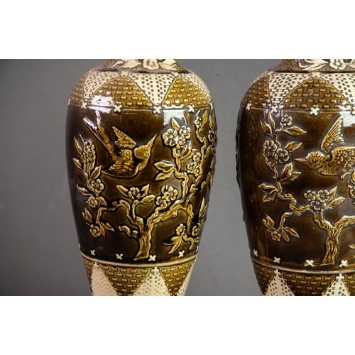 152 - PAIR OF GROVE & STARK AESTHETIC MOVEMENT MOULDED POTTERY VASES, each of slender ovoid form with ... 