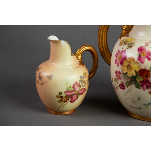 83 - ROYAL WORCESTER BLUSH CHINA JUG, with gilt moulded loop handle, painted with flowers, date code for ... 