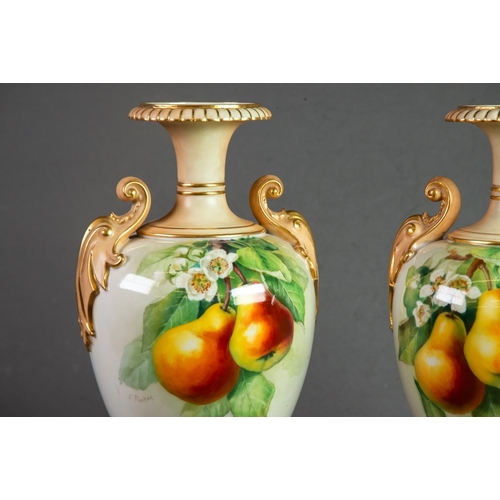 84 - PAIR OF EARLY TWENTIETH CENTURY ROYAL WORCESTER HAND PAINTED TWO HANDLED PEDESTAL CHINA VASES SIGNED... 