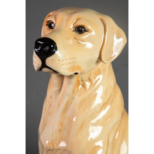 65 - PROBABLY BESWICK, POTTERY MODEL OF A SEATED LABRADOR, 13” (33cm) high, green baize stuck to the base... 