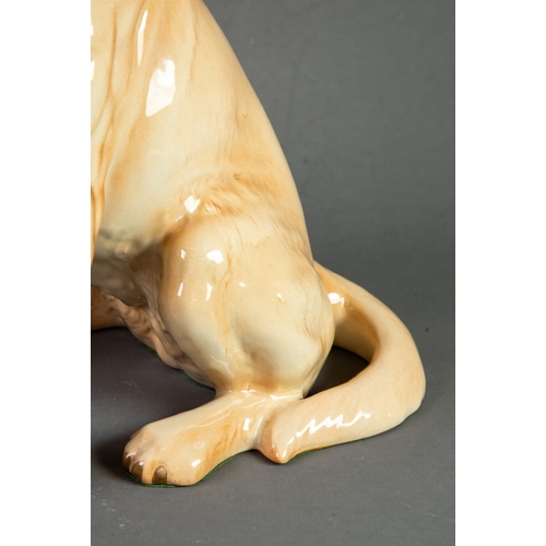 65 - PROBABLY BESWICK, POTTERY MODEL OF A SEATED LABRADOR, 13” (33cm) high, green baize stuck to the base... 