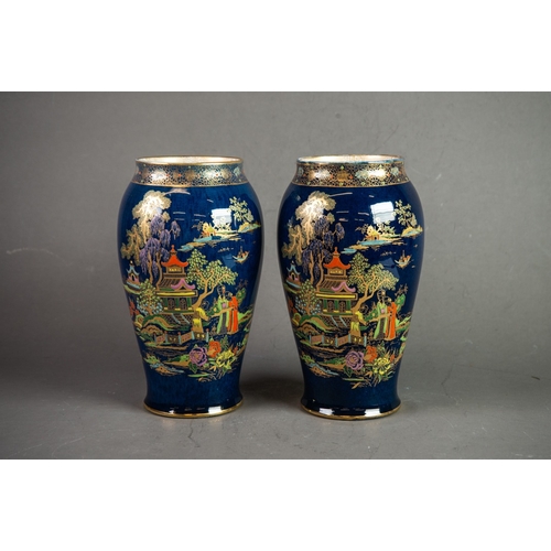 1 - PAIR OF CROWN DEVON CHINOISERIE LUSTRE DECORATED BALUSTER VASES, with figures and pagodas on islands... 