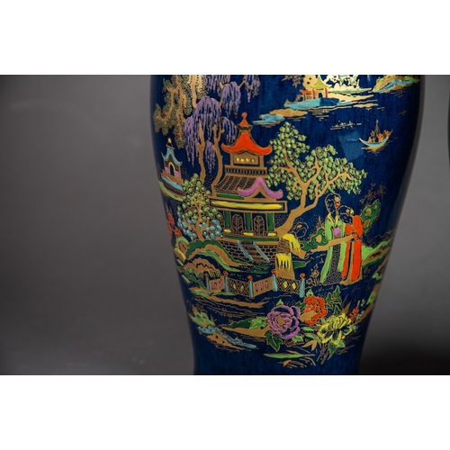 1 - PAIR OF CROWN DEVON CHINOISERIE LUSTRE DECORATED BALUSTER VASES, with figures and pagodas on islands... 