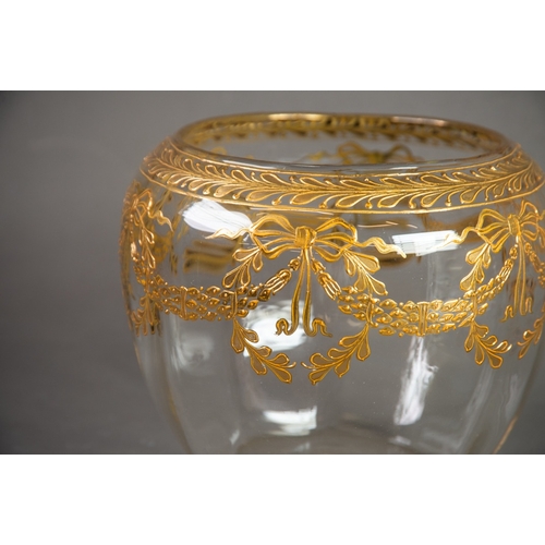 232 - CONTINENTAL GLASS OVULAR BOWL with raised gilt ribbon bow and foliate festoon decoration, 6 1/2in (1... 