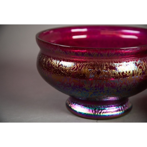 234 - LOETZ STYLE GLASS HEAVY CIRCULAR AND BULBOUS BOWL, with plain cranberry interior and textured purple... 