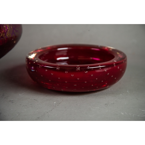 234 - LOETZ STYLE GLASS HEAVY CIRCULAR AND BULBOUS BOWL, with plain cranberry interior and textured purple... 