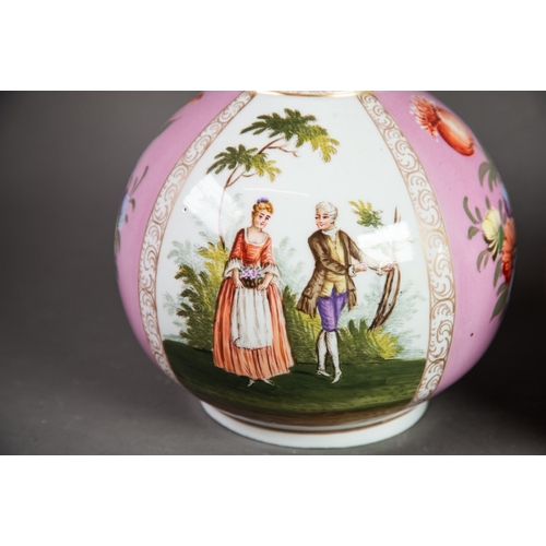 156 - PAIR OF DRESDEN CHINA GLOBE AND SHAFT SHAPED VASES, painted in alternate reserves with courtiers in ... 