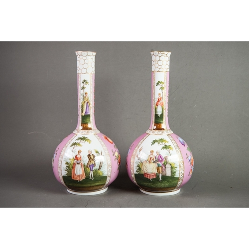 156 - PAIR OF DRESDEN CHINA GLOBE AND SHAFT SHAPED VASES, painted in alternate reserves with courtiers in ... 