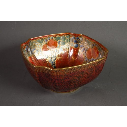 79 - ROYAL WORCESTER CROWN WARE LUSTRE PORCELAIN SQUARE BOWL with concave corners, the interior decorated... 