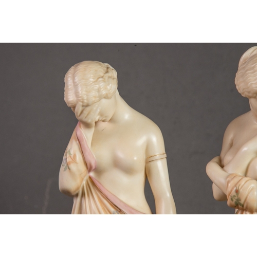 80 - PAIR OF VICTORIAN ROYAL WORCESTER BLUSH IVORY SEMI-DRAPED CLASSICAL FEMALE ALLEGORICAL FIGURES, 'JOY... 