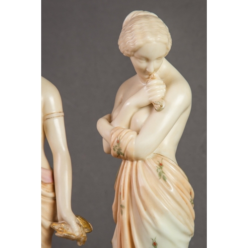 80 - PAIR OF VICTORIAN ROYAL WORCESTER BLUSH IVORY SEMI-DRAPED CLASSICAL FEMALE ALLEGORICAL FIGURES, 'JOY... 