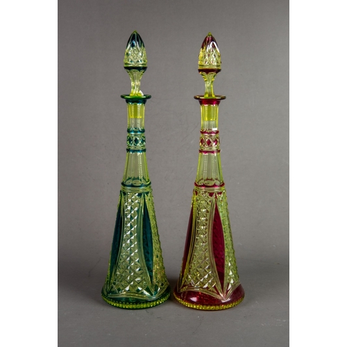 209 - PAIR OF URANIUM FLASH CUT GLASS DECANTERS AND STOPPERS, each of conical form with pointed stopper, o... 