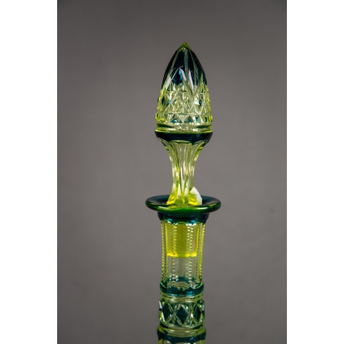 209 - PAIR OF URANIUM FLASH CUT GLASS DECANTERS AND STOPPERS, each of conical form with pointed stopper, o... 