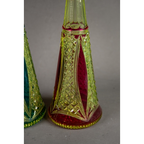 209 - PAIR OF URANIUM FLASH CUT GLASS DECANTERS AND STOPPERS, each of conical form with pointed stopper, o... 