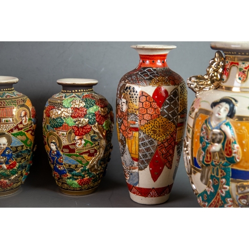 167 - THREE PAIRS OF TWENTIETH CENTURY JAPANESE SATSUMA POTTERY VASES, painted in colours and gilt, one mo... 