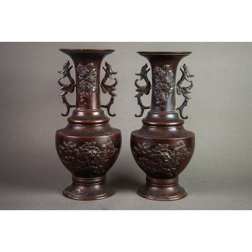 168 - PAIR OF TWENTIETH CENTURY JAPANESE TWO HANDLED PEDESTAL PATINATED BRONZE VASES, each of baluster for... 