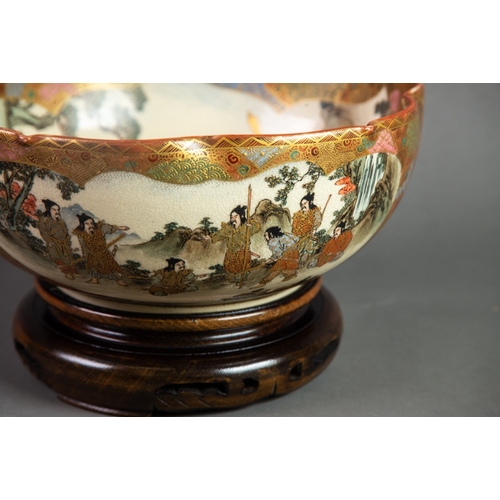 170 - JAPANESE MEIJI PERIOD HAND PAINTED SATSUMA POTTERY BOWL, of footed form with shaped rim, well painte... 