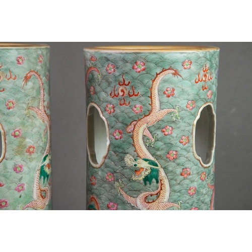 173 - PAIR OF MID TO LATE TWENTIETH CENTURY CHINESE PORCELAIN SLEEVE VASES, each pierced with shaped ovals... 