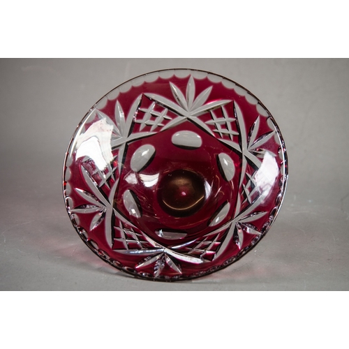 236 - RUBY STAINED AND CUT GLASS CONICAL FRUIT BOWL, raised on plain glass pedestal foot, 8 1/4in (20.7cm)... 