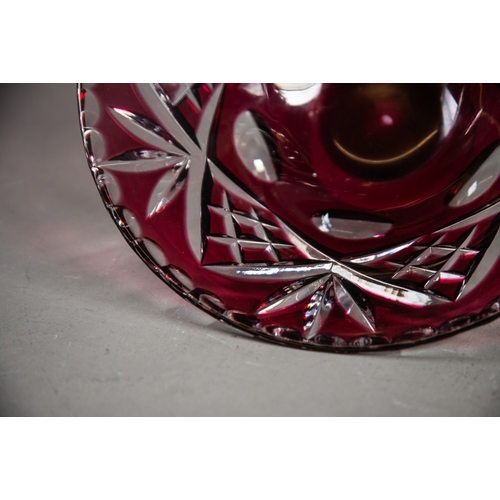 236 - RUBY STAINED AND CUT GLASS CONICAL FRUIT BOWL, raised on plain glass pedestal foot, 8 1/4in (20.7cm)... 