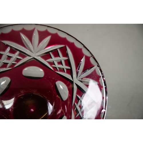 236 - RUBY STAINED AND CUT GLASS CONICAL FRUIT BOWL, raised on plain glass pedestal foot, 8 1/4in (20.7cm)... 