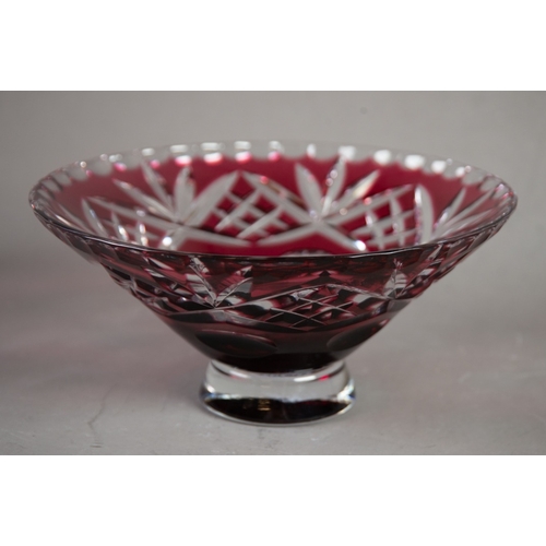 236 - RUBY STAINED AND CUT GLASS CONICAL FRUIT BOWL, raised on plain glass pedestal foot, 8 1/4in (20.7cm)... 