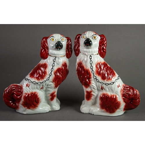 157 - PAIR OF 19th CENTURY STAFFORDSHIRE POTTERY SEATED MANTEL DOGS, red/brown and white with collar and c... 