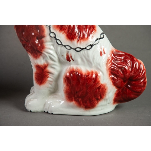 157 - PAIR OF 19th CENTURY STAFFORDSHIRE POTTERY SEATED MANTEL DOGS, red/brown and white with collar and c... 