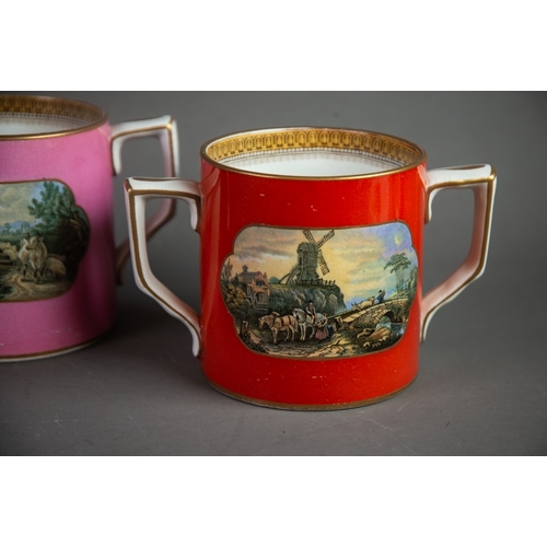 138 - THREE NINETEENTH CENTURY PRATT & Co POTTERY TWO HANDLED LARGE LOVING CUPS, various scenes, inclu... 