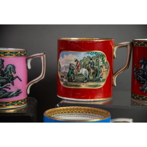 139 - SIX NINETEENTH CENTURY PRATT & Co POTTERY MUGS, five printed with typical scenes on coloured gro... 