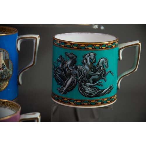 139 - SIX NINETEENTH CENTURY PRATT & Co POTTERY MUGS, five printed with typical scenes on coloured gro... 