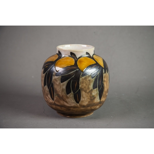 62 - ROYAL DOULTON ART POTTERY VASE, of globular, footed form, painted in tones of brown and yellow with ... 