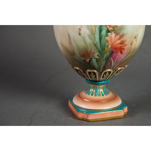 106 - JAMES HADLEY & SONS, WORCESTER PORCELAIN TWO HANDLED PEDESTAL VASE, THE OVOID BODY PAINTED WITH ... 