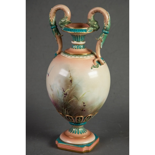 106 - JAMES HADLEY & SONS, WORCESTER PORCELAIN TWO HANDLED PEDESTAL VASE, THE OVOID BODY PAINTED WITH ... 