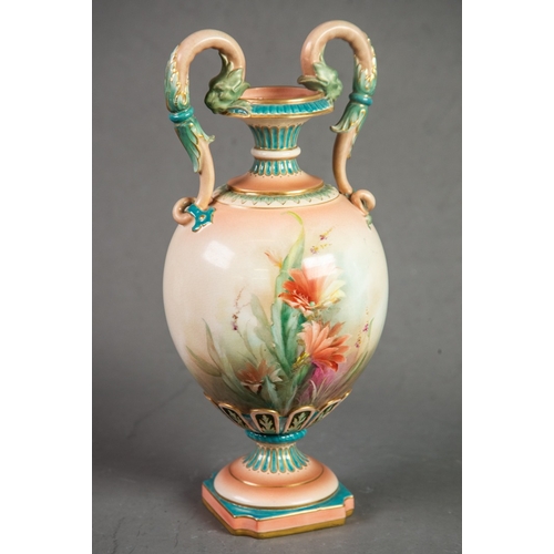 106 - JAMES HADLEY & SONS, WORCESTER PORCELAIN TWO HANDLED PEDESTAL VASE, THE OVOID BODY PAINTED WITH ... 