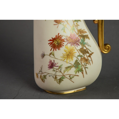 107 - LATE VICTORIAN ROYAL WORCESTER PORCELAIN JUG with unusual GILDED RAM'S-HEAD SCROLL HANDLE, the IVORY... 