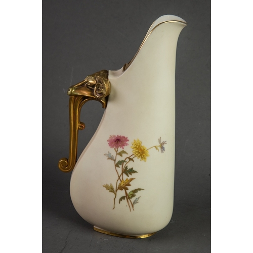 107 - LATE VICTORIAN ROYAL WORCESTER PORCELAIN JUG with unusual GILDED RAM'S-HEAD SCROLL HANDLE, the IVORY... 