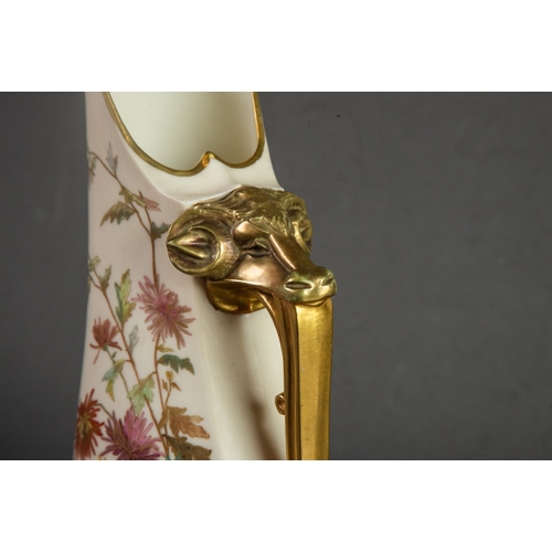 107 - LATE VICTORIAN ROYAL WORCESTER PORCELAIN JUG with unusual GILDED RAM'S-HEAD SCROLL HANDLE, the IVORY... 