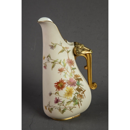 107 - LATE VICTORIAN ROYAL WORCESTER PORCELAIN JUG with unusual GILDED RAM'S-HEAD SCROLL HANDLE, the IVORY... 