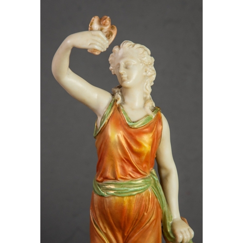 108 - LATE VICTORIAN ROYAL WORCESTER PORCELAIN JAMES HADLEY STYLE FEMALE FIGURE holding aloft a BIRD in he... 