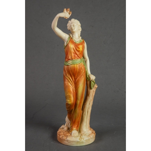 108 - LATE VICTORIAN ROYAL WORCESTER PORCELAIN JAMES HADLEY STYLE FEMALE FIGURE holding aloft a BIRD in he... 