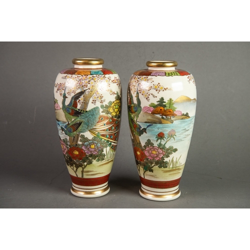 163 - PAIR OF EARLY TWENTIETH CENTURY JAPANESE AWATA FAYENCE OVIFORM SHOULDERED VASES, each decorated with... 